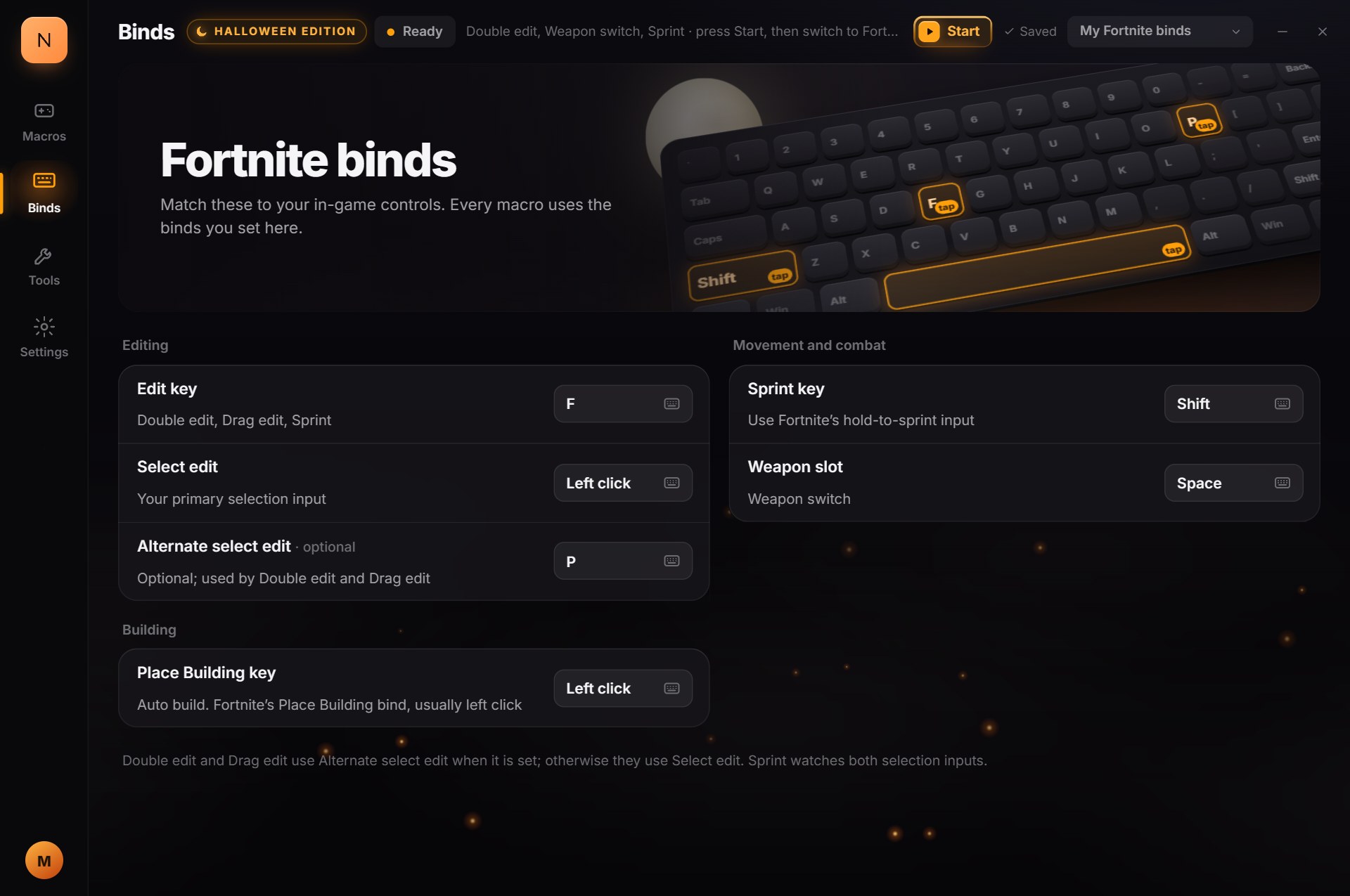 North's Binds page: Edit key F, Select edit Left click, Alternate select edit P (optional), Sprint key Shift, Weapon slot Space and Place Building key Left click, under a keyboard banner titled Fortnite binds.