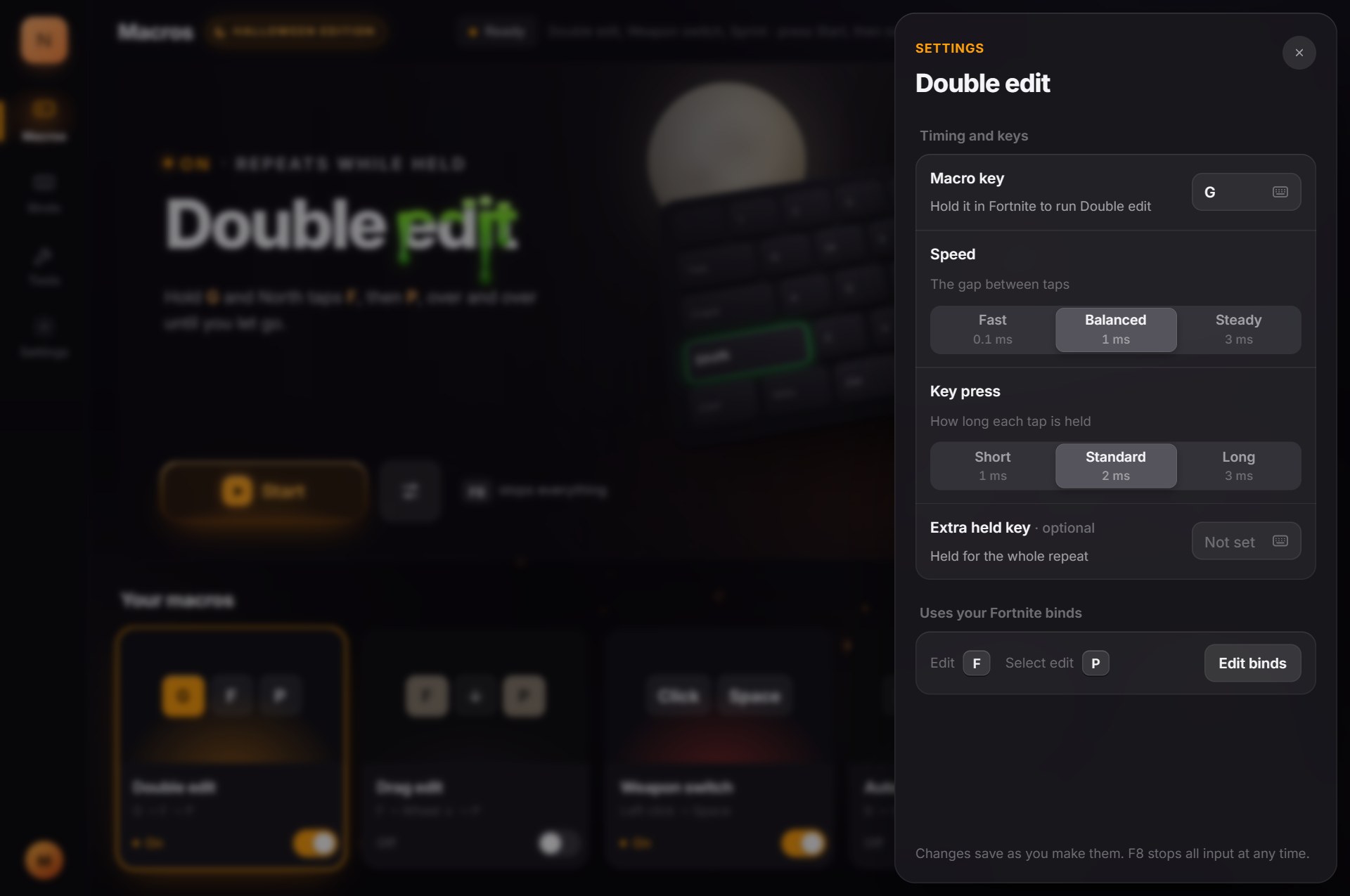 The Double edit settings sheet: macro key G, Speed presets Fast 0.1 ms, Balanced 1 ms and Steady 3 ms, Key press presets Short 1 ms, Standard 2 ms and Long 3 ms, an optional extra held key, and the Fortnite binds it uses.