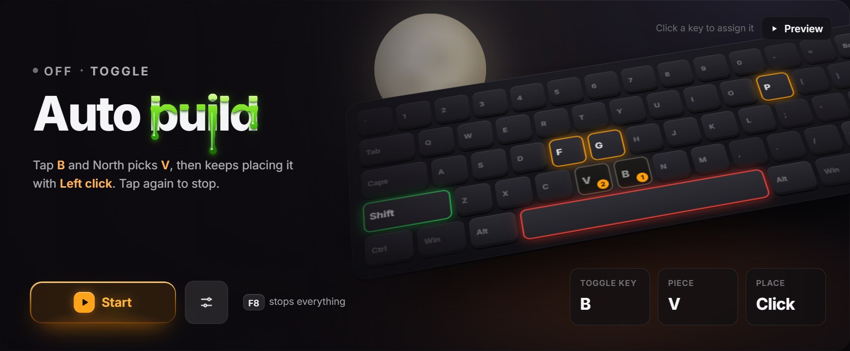 North's Auto build screen: tap B and North picks V, then keeps placing it with left click; tap again to stop. Cards show Toggle key B, Piece V and Place Click.