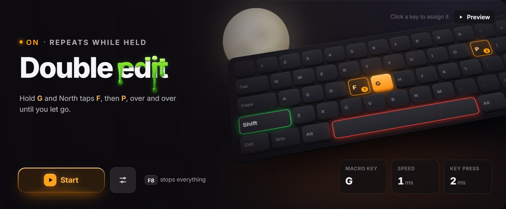 North's Double edit screen: hold G and North taps F, then P, over and over until you let go. The 3D keyboard lights G, then F and P in order, beside cards for Macro key G, Speed 1 ms and Key press 2 ms.