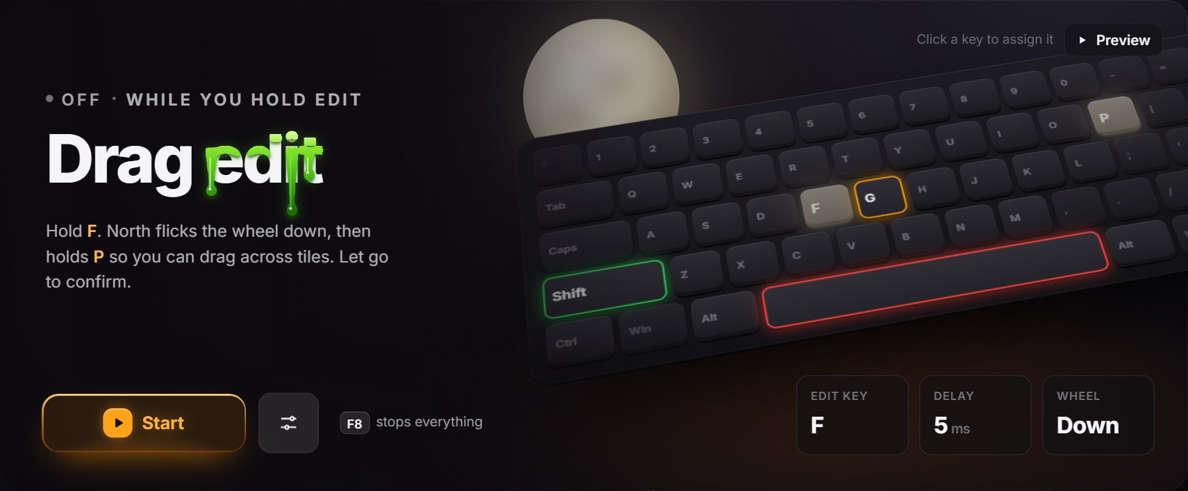 North's Drag edit screen: hold F, North flicks the wheel down, then holds P so you can drag across tiles; let go to confirm. Cards show Edit key F, Delay 5 ms and Wheel Down.