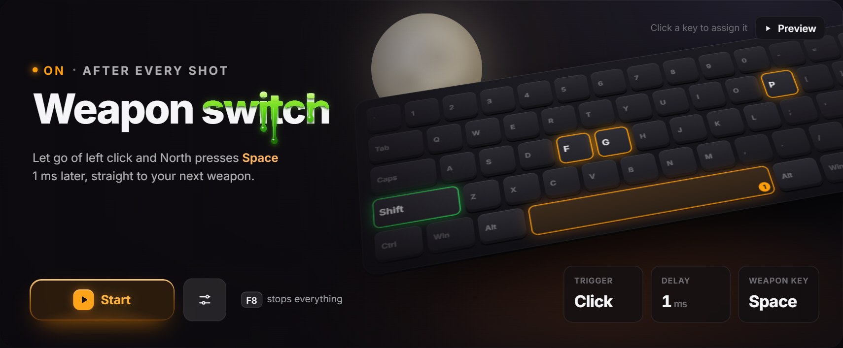 North's Weapon switch screen: let go of left click and North presses Space 1 ms later, straight to your next weapon. Cards show Trigger Click, Delay 1 ms and Weapon key Space.